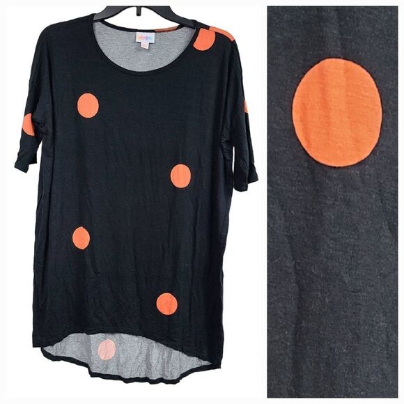 LuLaRoe IRMA Tee Orange Polka Dot High Low Tunic T-Shirt Short Sleeve Knit Top - Picture 1 of 7